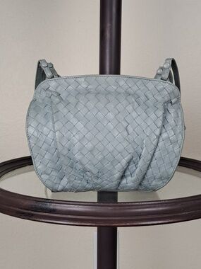 Bottega Veneta Dusty Blue Intrecciato Leather Shell Crossbody Bag